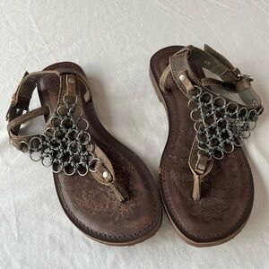 Brown, Bull Boxer Leather Sandals with Metal Accents, Size 6